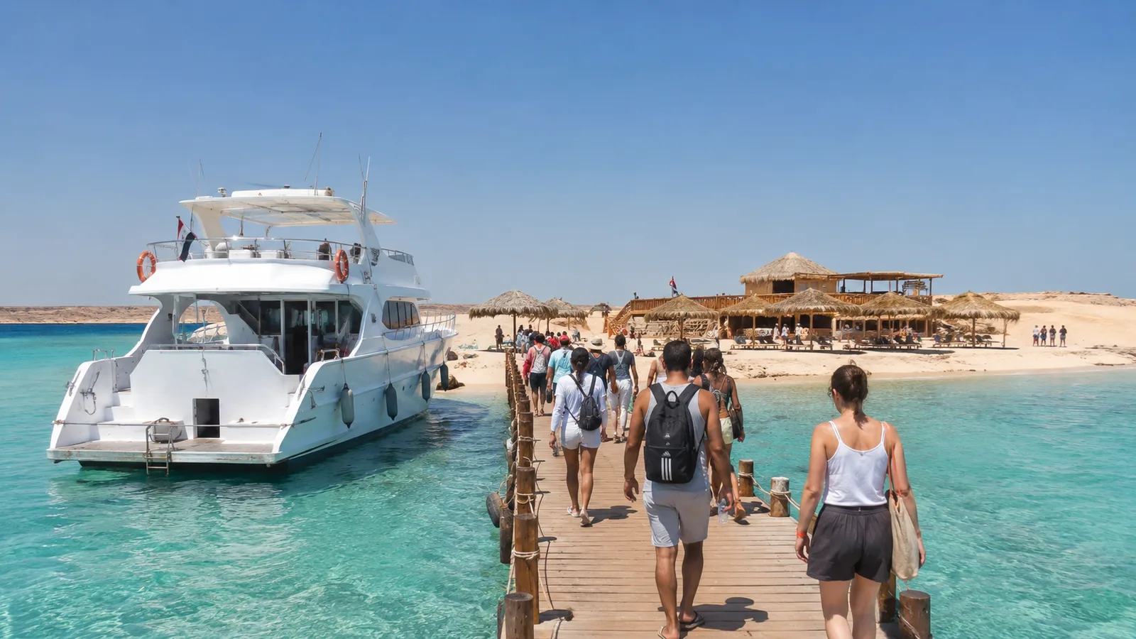 Agua cristalina y arena blanca en la isla de Orange Bay, Hurghada